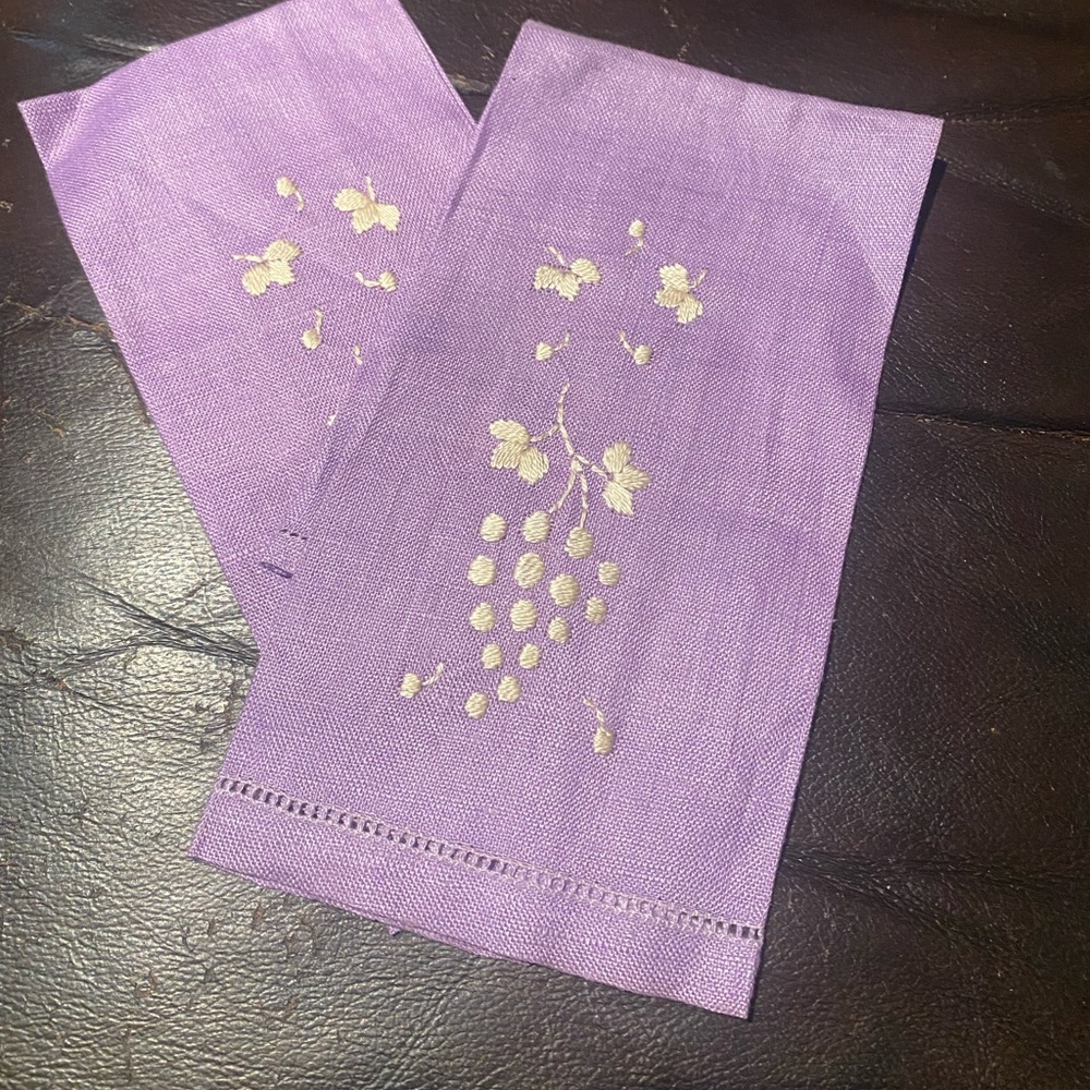 Two Vintage NWOT Lavender with Embroidered Grape Design Tea Towels.
